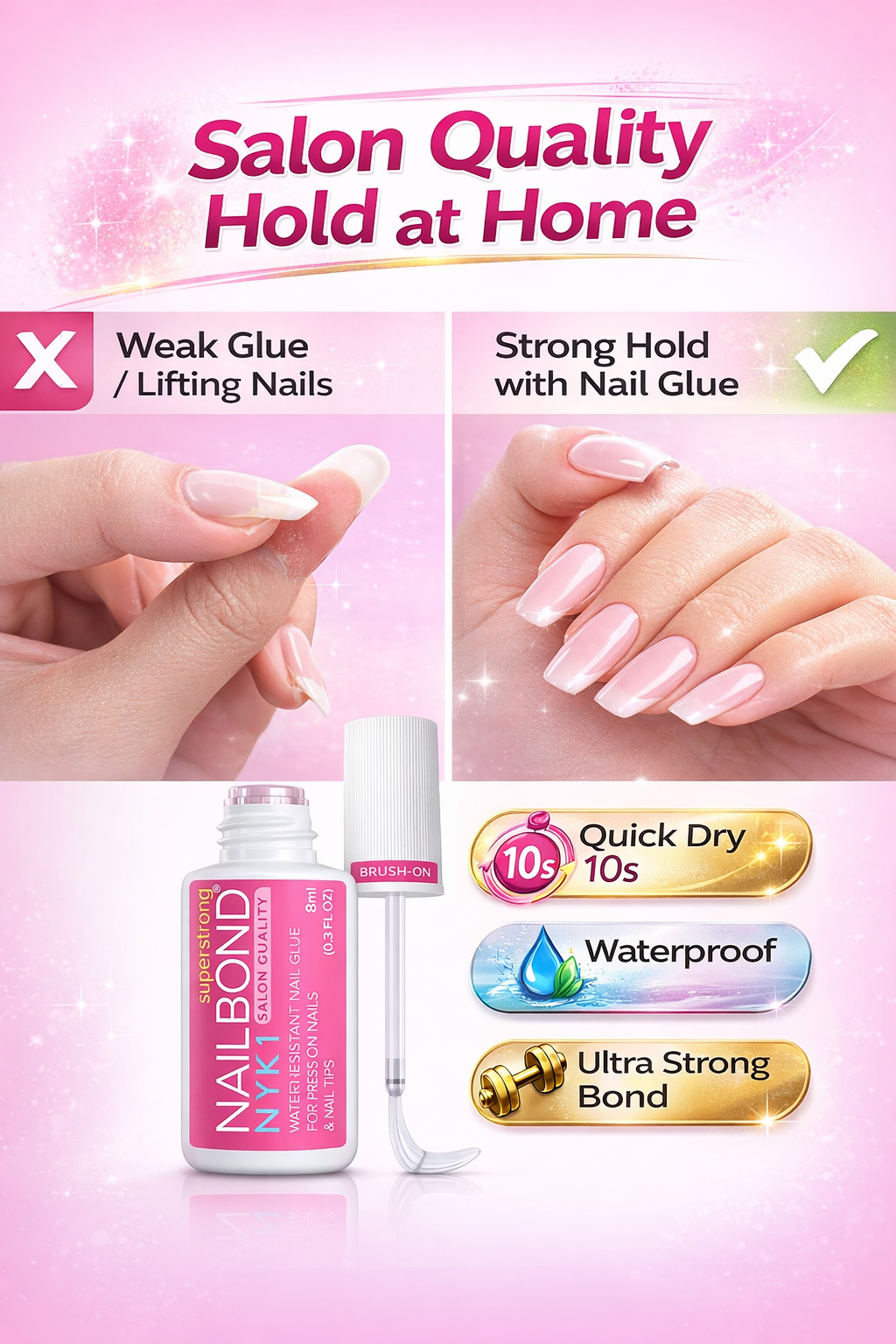 NailBond Super Strong Nail Glue (8ml) – Professional Brush-On Adhesive for Press-Ons, Tips & Acrylics