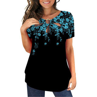 Buy blue Casual Loose Printed Round Neck Short Sleeves