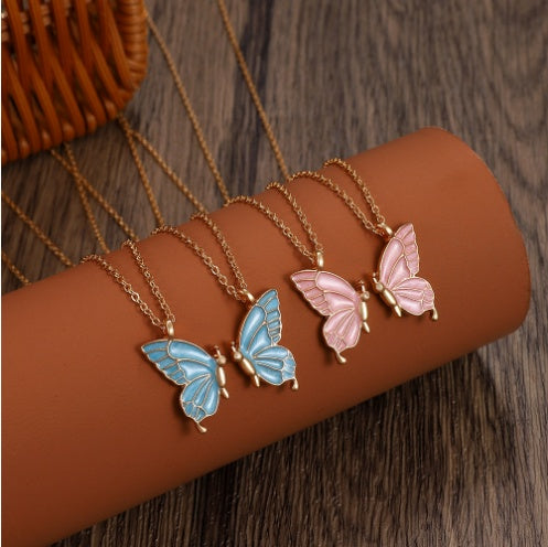 2pcs Oil Drip Butterfly Necklace Ins Creative Clavicle Chain Pendant Necklace For Women Valentine's Day Birthday Gift