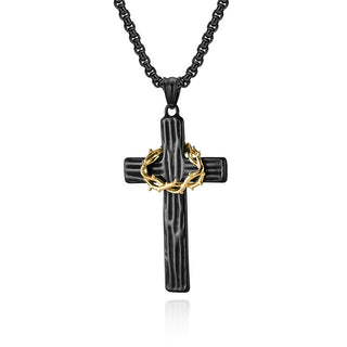 Buy black-pl001-chain-360cm Vintage Garland Cross Two-piece Necklace Black Gold Wood Grain Stainless Steel Prayer Pendant Men&#39;s Jewelry