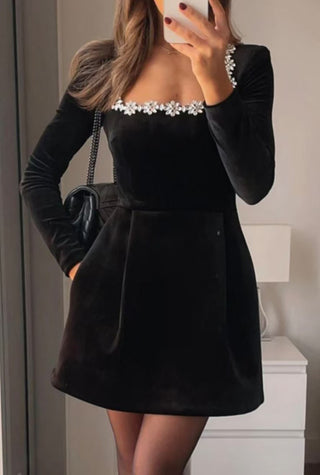 Buy black Women's Elegant Square Neck Long-sleeved Dress With Flowers Rhinestone Design