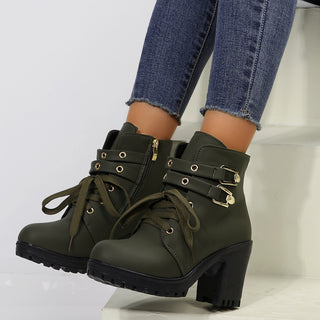 Buy army-green Autumn Round Head Chunky Heel High Heel Leisure Platform Lace Up Booties