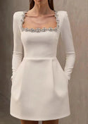 Women's Elegant Square Neck Long-sleeved Dress With Flowers Rhinestone Design
