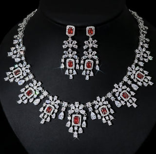 Buy red-zirconium European And American Fashion Retro Square Zircon Necklace Earrings