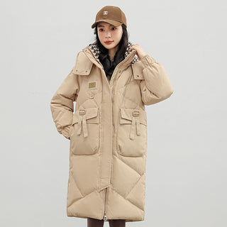 Buy khaki Detachable Hat Cotton Coat Over The Knee Padded Down Jacket