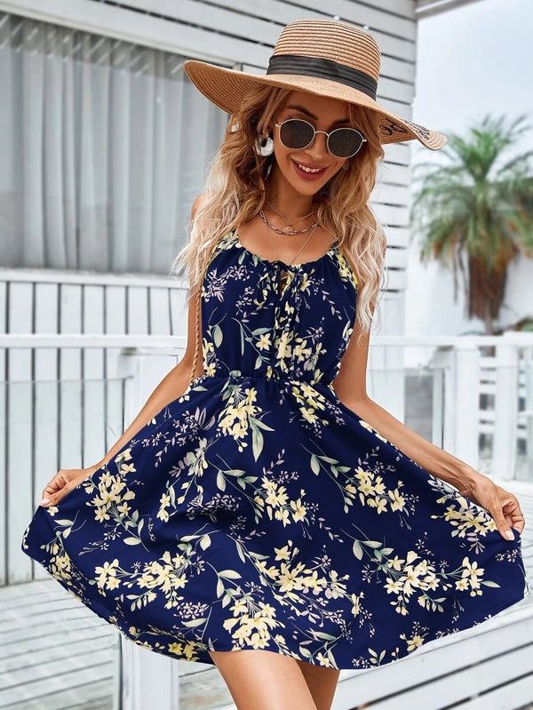 Floral Print Suspender Dress With Elastic Waist Design Fashion Summer Short Dresses