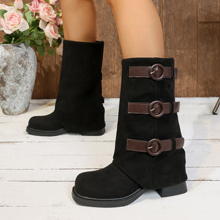 Buy black Women Vintage Suede Belt Buckle Pantyhose Boots