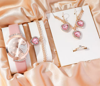 Buy pink-watch-suit2 Fashion Watch Gift Suit Quartz Watch Necklace Bracelet Ring Stud Earrings