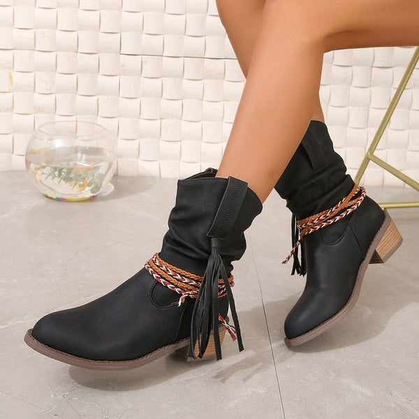 Women's Autumn And Winter Pleated Tassel High Heel Mid-calf Length Loose Socks Boots