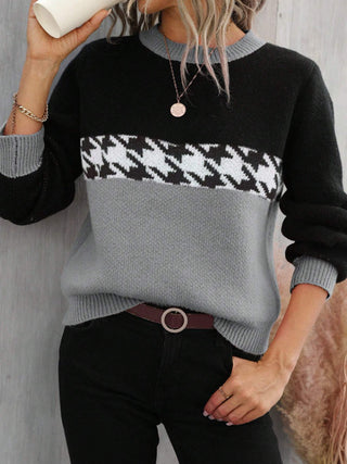 Buy dark-gray Contrast Color Pullover Round Neck Knitted Sweater Fashion Geometry Pattern