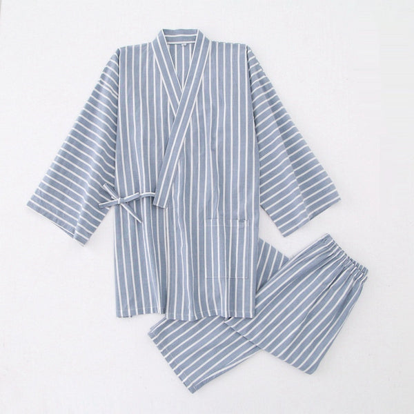 Cotton Washed Pajamas Suit Thin Striped Men's And Women's Japanese Couple Kimono Trousers Homewear Suit