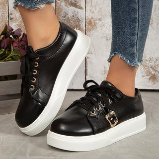 Buy black Women&#39;s Lace-up Flats Shoes With Metal Buckle Design Lightweight