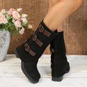Women Vintage Suede Belt Buckle Pantyhose Boots