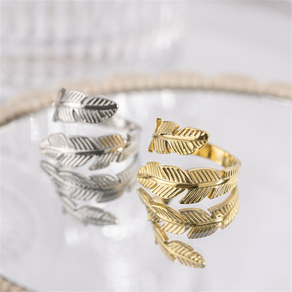 Feather Ring Open Titanium Steel Ring Gold And Silver Color Opening Rings Creative Simple Feather Handmade Party Jewelry Gifts