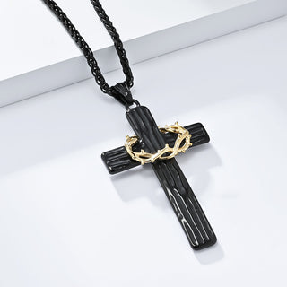 Buy black-single-pendant Vintage Garland Cross Two-piece Necklace Black Gold Wood Grain Stainless Steel Prayer Pendant Men&#39;s Jewelry