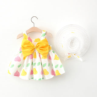 Buy leaf-yellow-bow Summer New Baby Girl Print Bow Suspender Dress