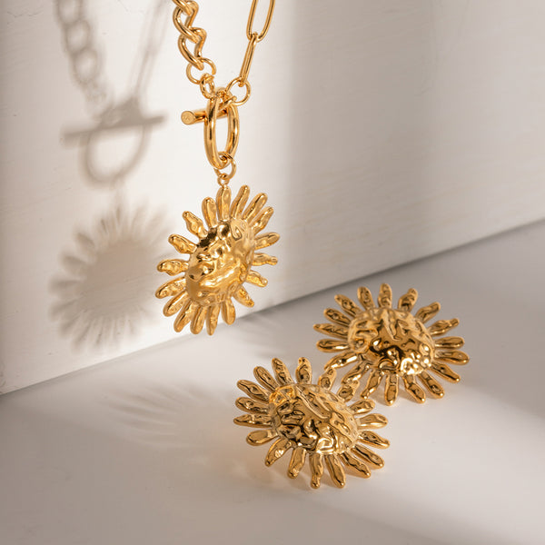 18K Gold Stainless Steel Hammered SUNFLOWER Earrings