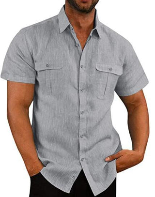 Buy gray Men&#39;s Button Short Sleeve Double Pocket Shirt