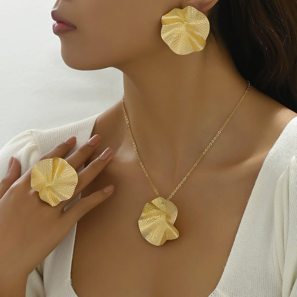 Original Design Niche European And American Pastoral Style Pleated Lotus Leaf Necklace Ring Suit Personalized Wild Earrings Jewelry