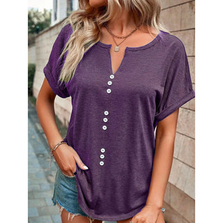 Buy purple Women&#39;s V-neck Buttons Short Sleeve Top