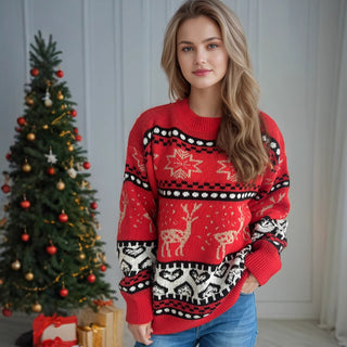 Buy red Christmas Casual Red Deer Jacquard Women&#39;s Long-sleeved Round Neck Sweater