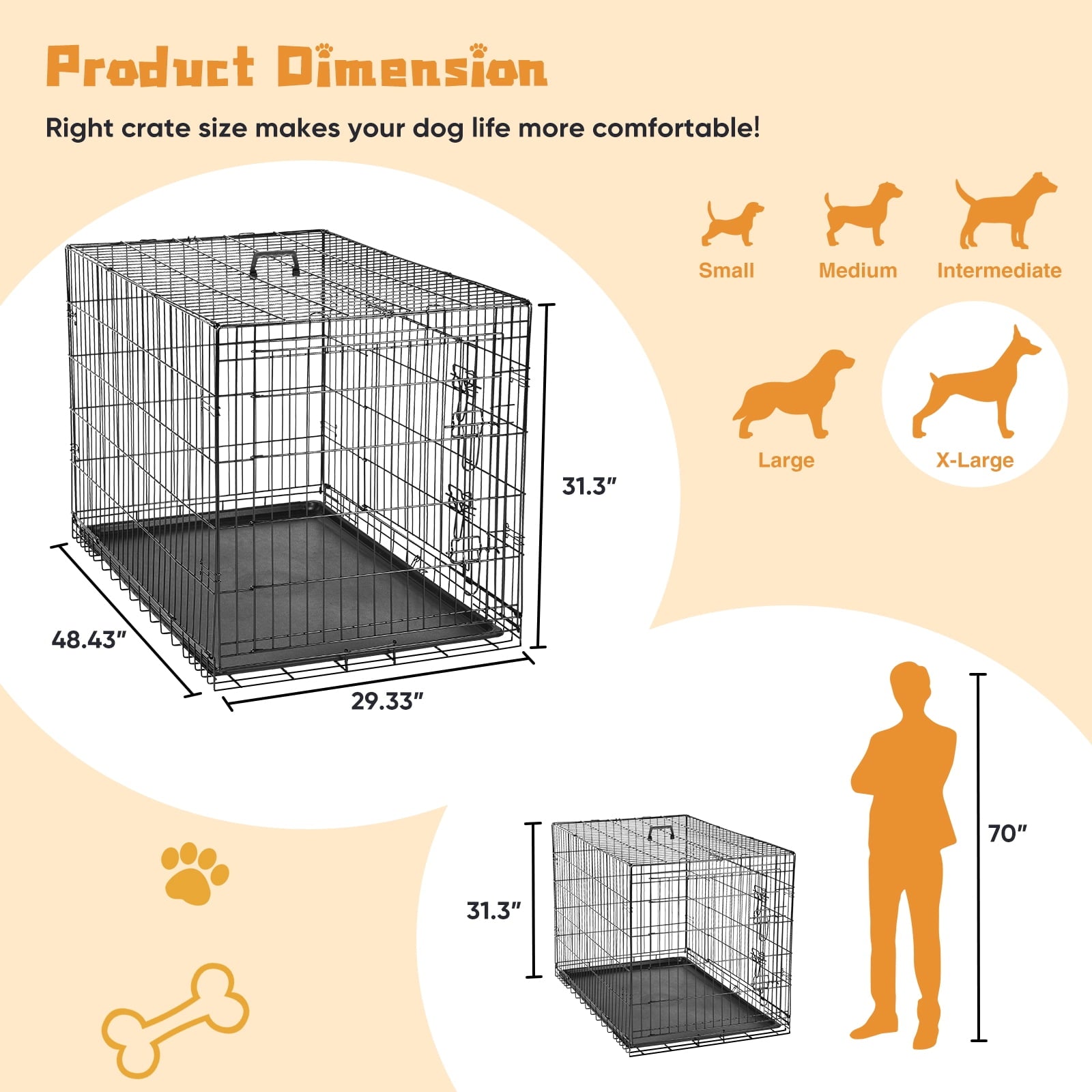 CONCETTA 48 inch Double-Door Folding Dog Crate, Portable Small Cage with Divider, Leak-Proof Tray