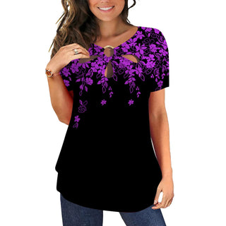 Buy purple Casual Loose Printed Round Neck Short Sleeves