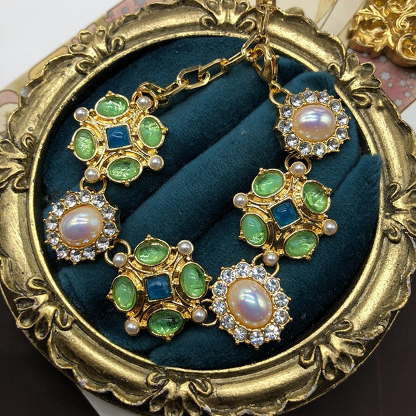 Flower Gem Diamond Necklace Bracelet Ear Studs Gold Plated Suit