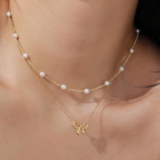 Simple Pearl Double Layer Choker Fashion Gold Color Necklaces Chain Small Bow Pendant Necklace Jewelry Gifts For Women Fashion Jewelry Valentine's Day Gifts