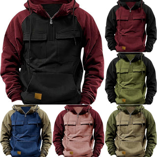 Men's Half Zipper Solid Warm Fleece Sweatshirts Multi Pockets Hooded Jackets