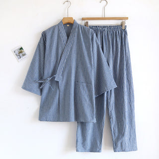 Buy mens-new-dark-green-stripes Cotton Washed Pajamas Suit Thin Striped Men&#39;s And Women&#39;s Japanese Couple Kimono Trousers Homewear Suit