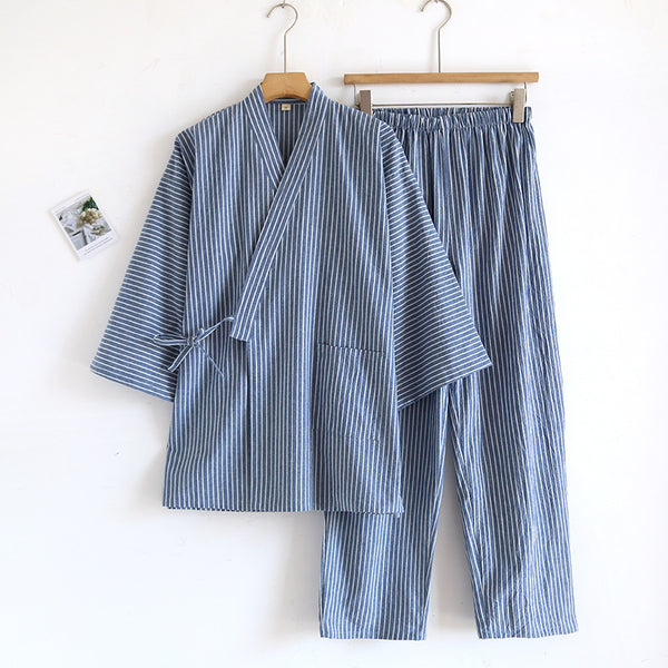 Cotton Washed Pajamas Suit Thin Striped Men's And Women's Japanese Couple Kimono Trousers Homewear Suit