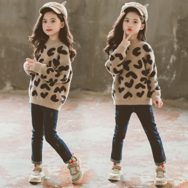 Children's leopard-print mink wool sweater