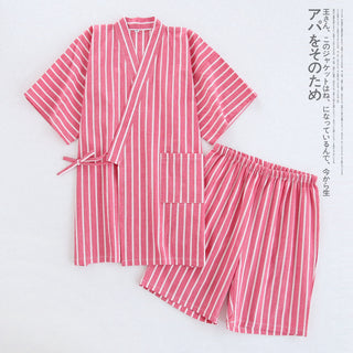 Buy womens-striped-watermelon-red Cotton Washed Pajamas Suit Thin Striped Men&#39;s And Women&#39;s Japanese Couple Kimono Trousers Homewear Suit