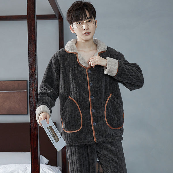 Autumn And Winter Flannel Men's Pajamas Men's Lapel Cardigan