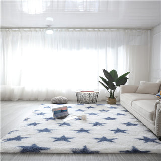 Buy white-background-blue-stars Tie-dyed Silk Wool Pattern Carpet Living Room Coffee Table Bedside Pad Long Wool Washable Full Bedroom