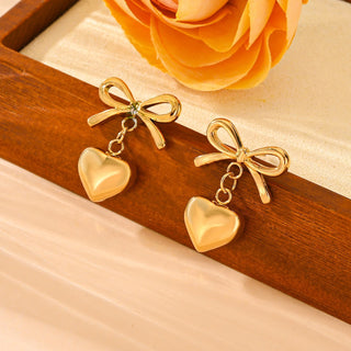 Buy g704-gold-stud-earrings Stainless Steel Peach Heart Bow Necklace Ear Stud Ornament Suit