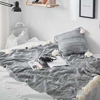 Buy grey Knitted Ball Sofa Cover Blanket Tassel Blanket