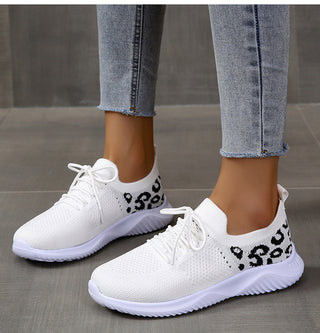 Buy white Women Leopard Print Lace-up Sneakers