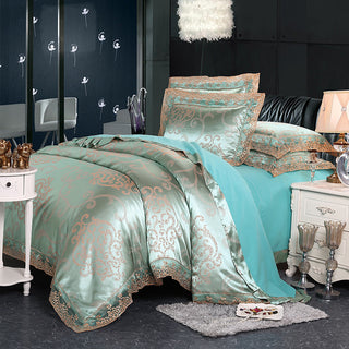 Buy peacock-blue Four-Piece Cotton Bedding With European Style Jacquard Satin