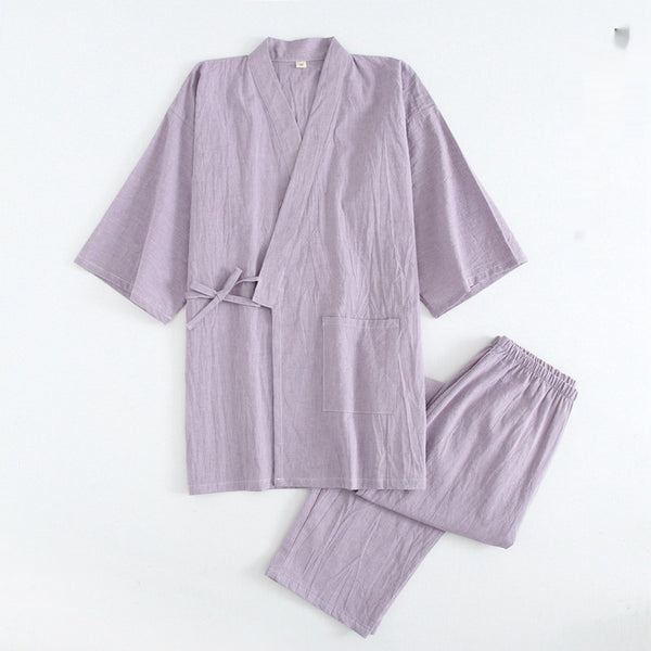 Cotton Washed Pajamas Suit Thin Striped Men's And Women's Japanese Couple Kimono Trousers Homewear Suit