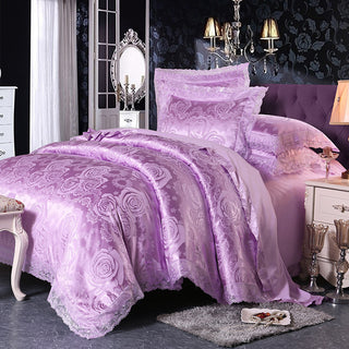 Buy lilac Four-Piece Cotton Bedding With European Style Jacquard Satin