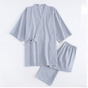 Cotton Washed Pajamas Suit Thin Striped Men's And Women's Japanese Couple Kimono Trousers Homewear Suit