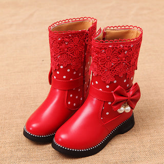 Buy red Bowknot Pendant Lace And Velvet Girls&#39; Cotton Shoes