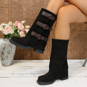 Women Vintage Suede Belt Buckle Pantyhose Boots