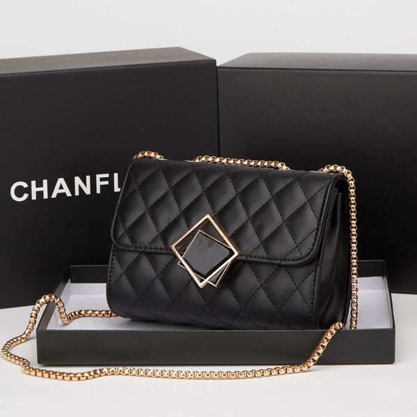 Women's Elegant Black Quilted Crossbody Bag with Gold Chain
