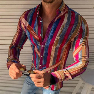 Buy red Motley Striped Lapel Button Down Shirt