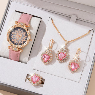 Buy pink-watch-suit1 Fashion Watch Gift Suit Quartz Watch Necklace Bracelet Ring Stud Earrings