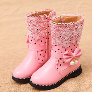 Buy pink Bowknot Pendant Lace And Velvet Girls&#39; Cotton Shoes