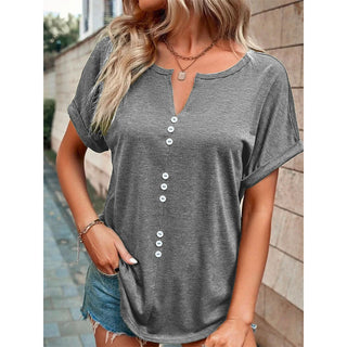 Buy gray Women&#39;s V-neck Buttons Short Sleeve Top